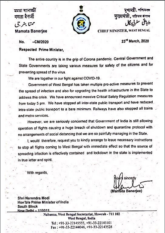 Mamata Writes to Modi, Requests Stopping All Flights to BengalĀ