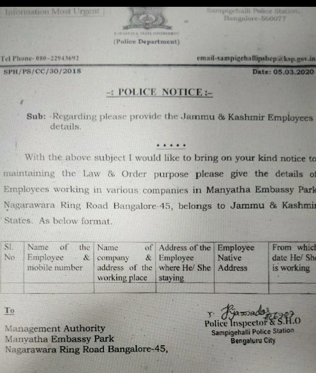Order copy issued by Sampigehalli police.