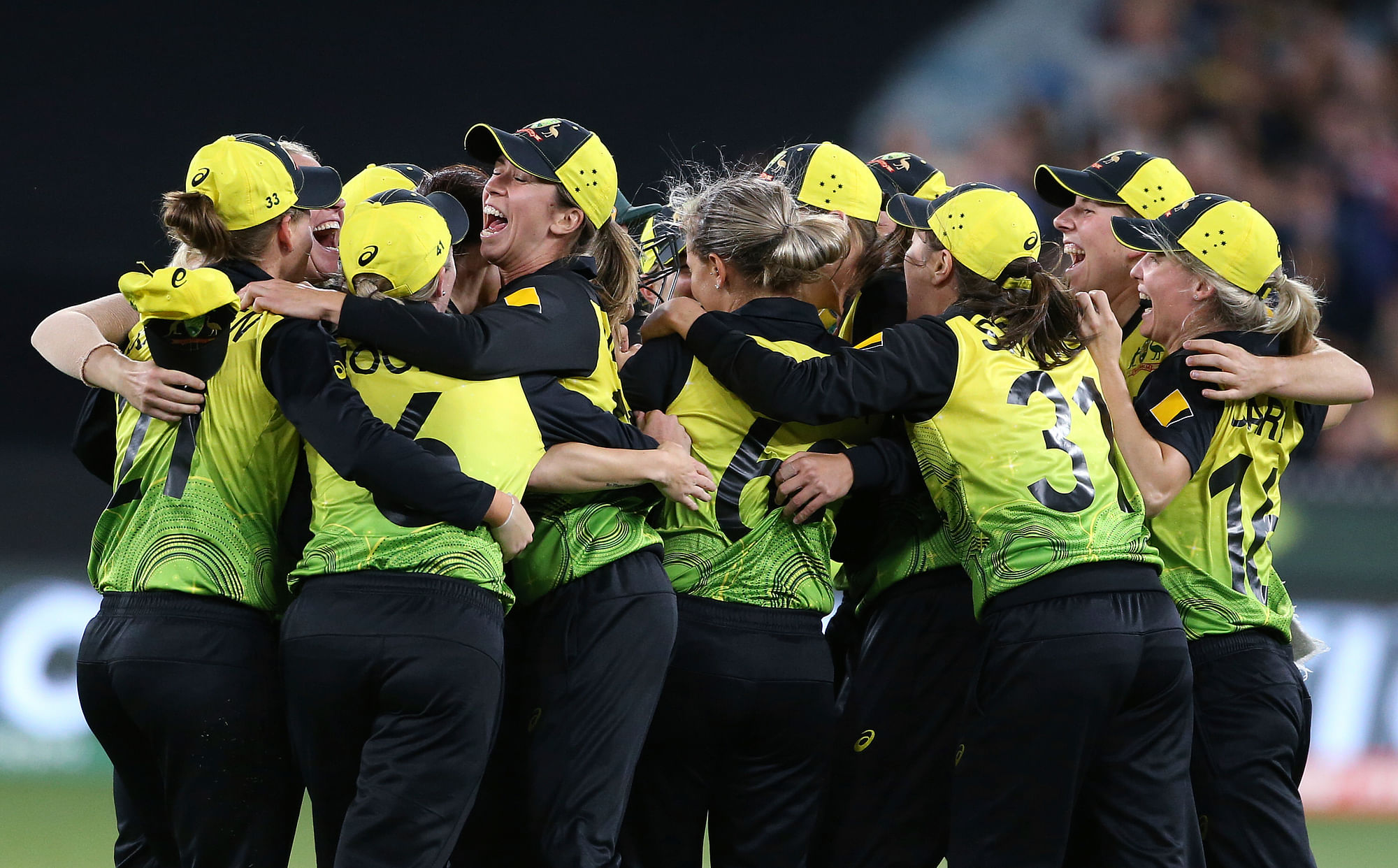 Australian players celebrate after defeating India in the Women’s T20 World Cup cricket final match in Melbourne, Sunday, March 8, 2020.&nbsp;