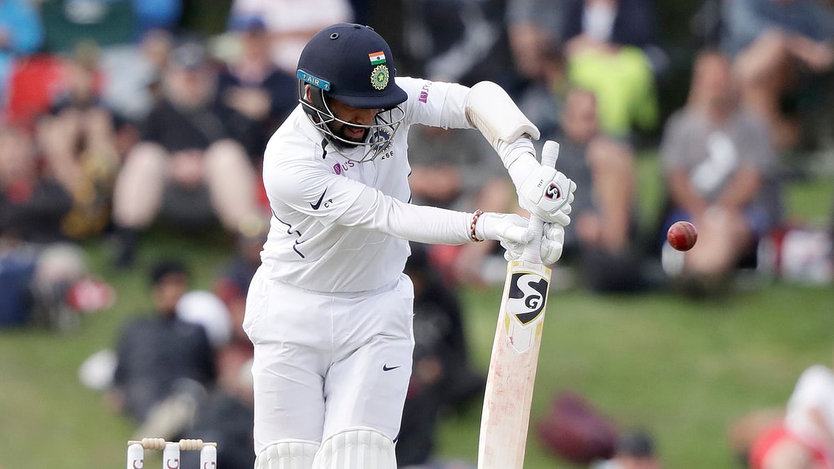 India’s Cheteshwar Pujara bats during play on day two of the second cricket test between New Zealand and India at Hagley Oval in Christchurch.