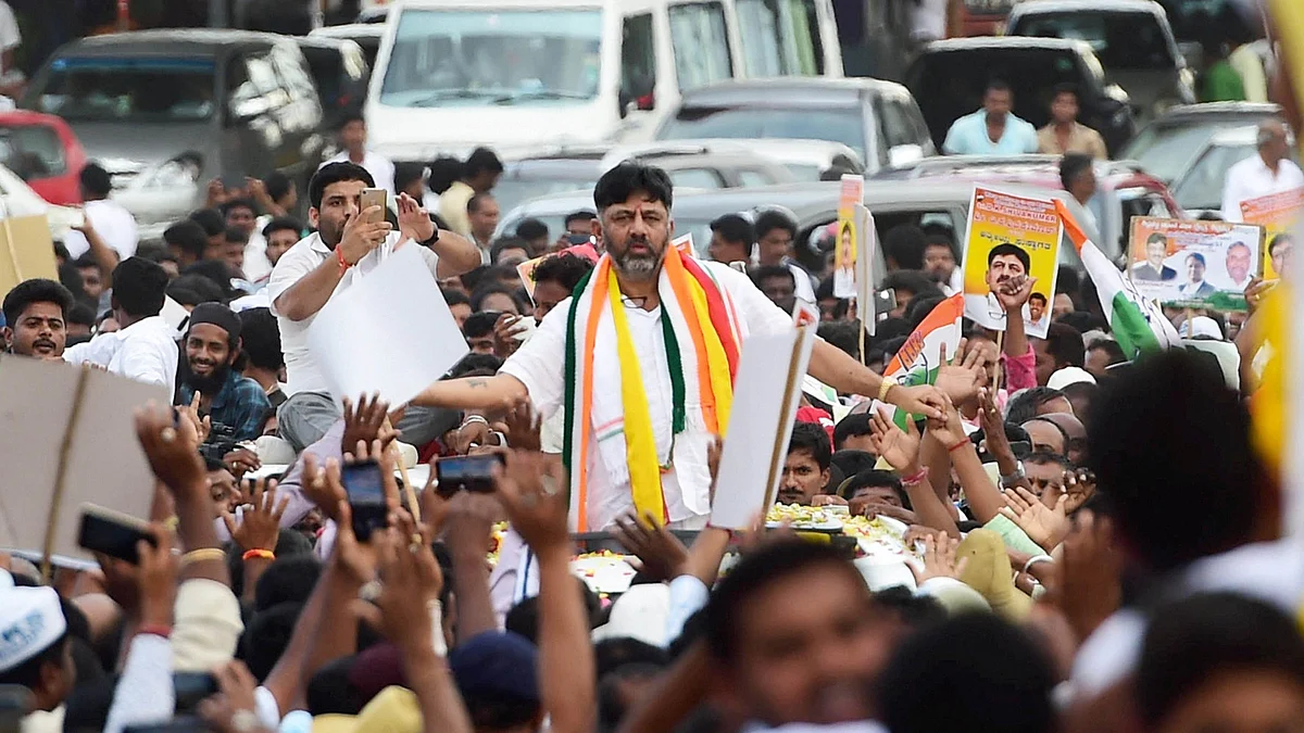 DK Shivakumar after arriving in Bengaluru. 