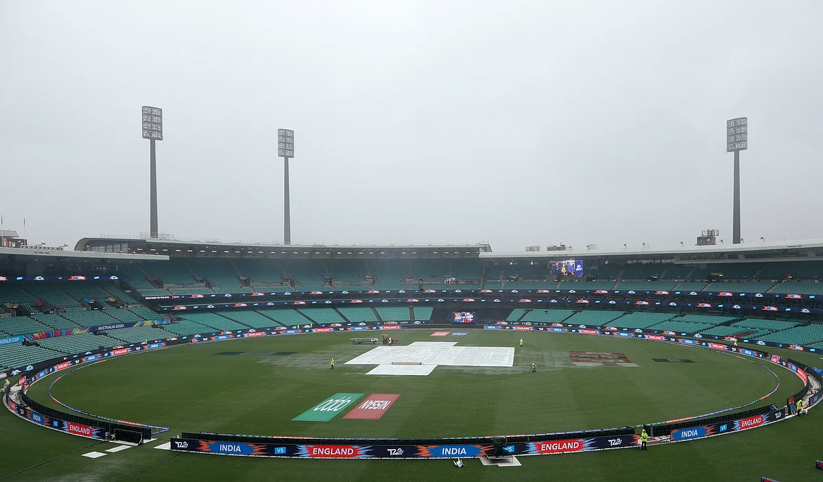 Rain falls on the Sydney Criceket Ground delaying the start of the Women’s T20 World Cup cricket semifinal matches in Sydney.