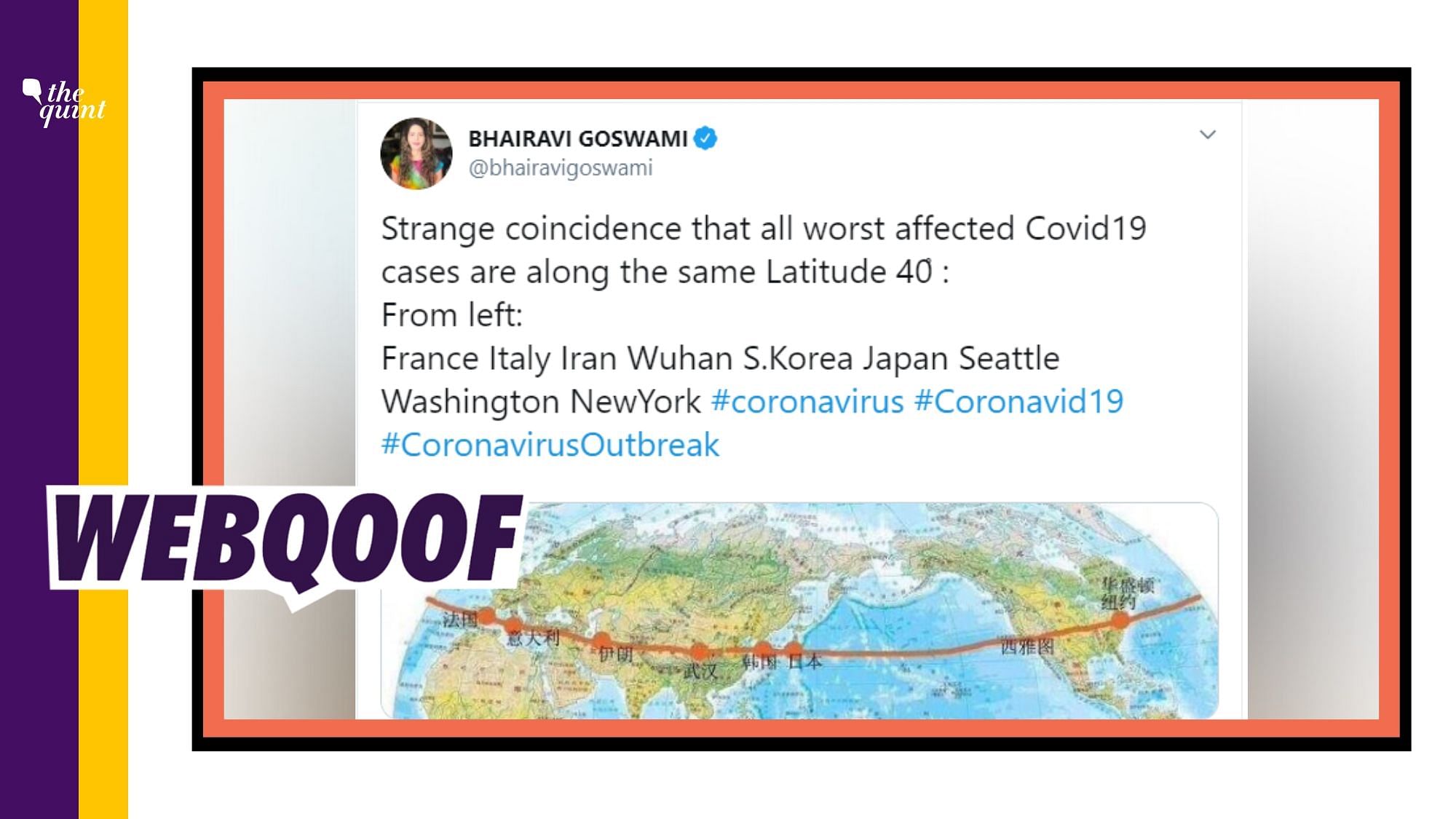 A message has been shared with an image of the globe with a claim that all the worst-affected COVID-19 cases are situated along Latitude 40 degrees.