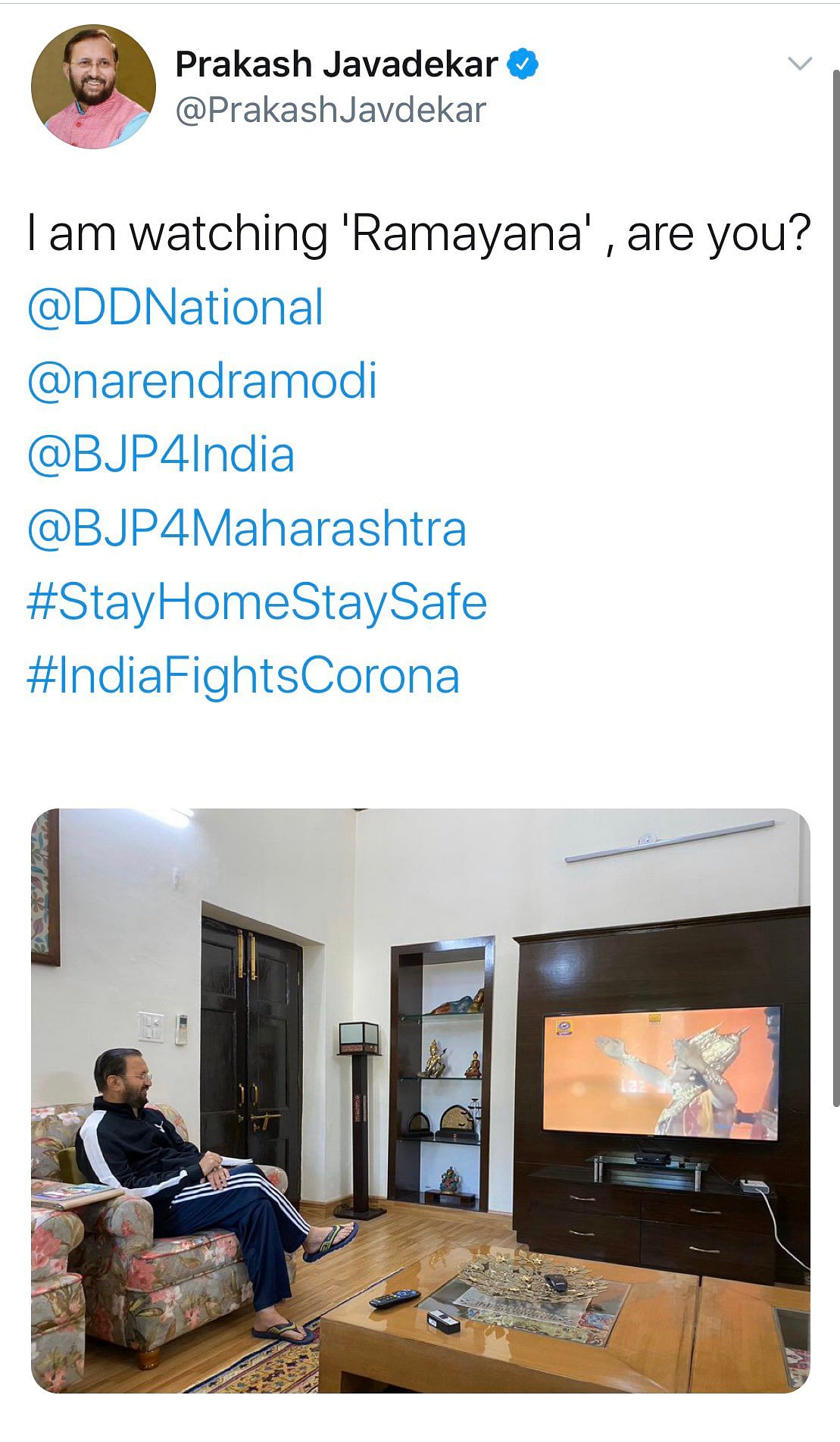 Following massive trolling, the Union minister deleted the tweet and posted a picture of him working from home.