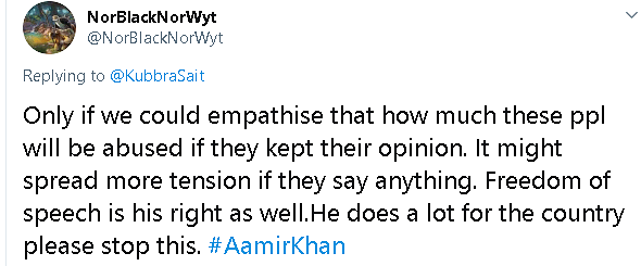 The Sacred Games actor criticised Aamir for not taking a stance on the situation in the country. 
