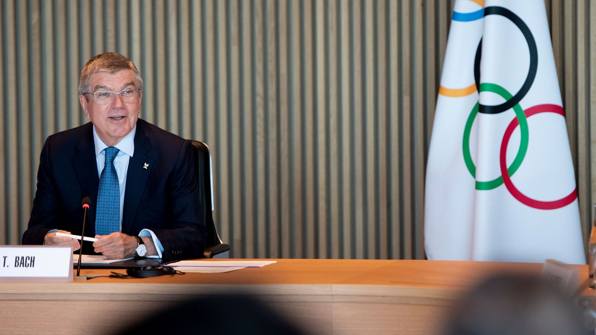 President Thomas Bach  speaks at the International Olympic Committee (IOC) executive board meeting at the Olympic House in Lausanne, Switzerland.