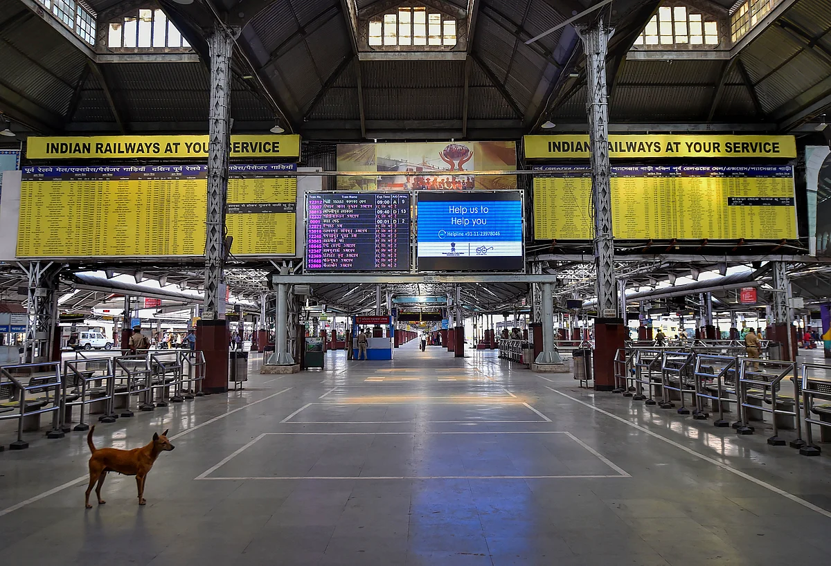 A street dog is seen at a deserted Howrah Station during Janata curfew.