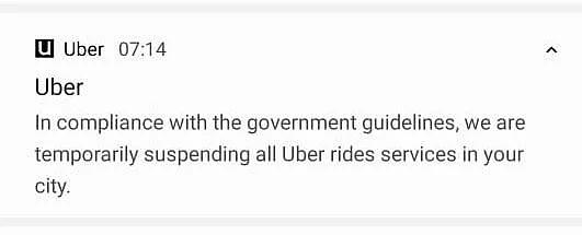 A notification that was sent by Uber on the suspension of services.