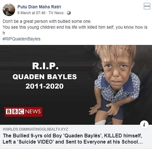 A purported video ‘from BBC’ claims that bullied boy Quaden Bayles killed himself after bullying at school worsened.