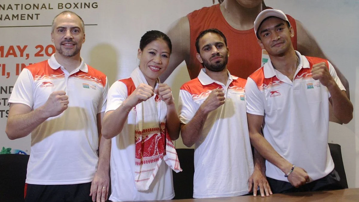 India’s High Performance Director Santiago Nieva with Mary Kom, Amit Panghal and Vikas Krishan.