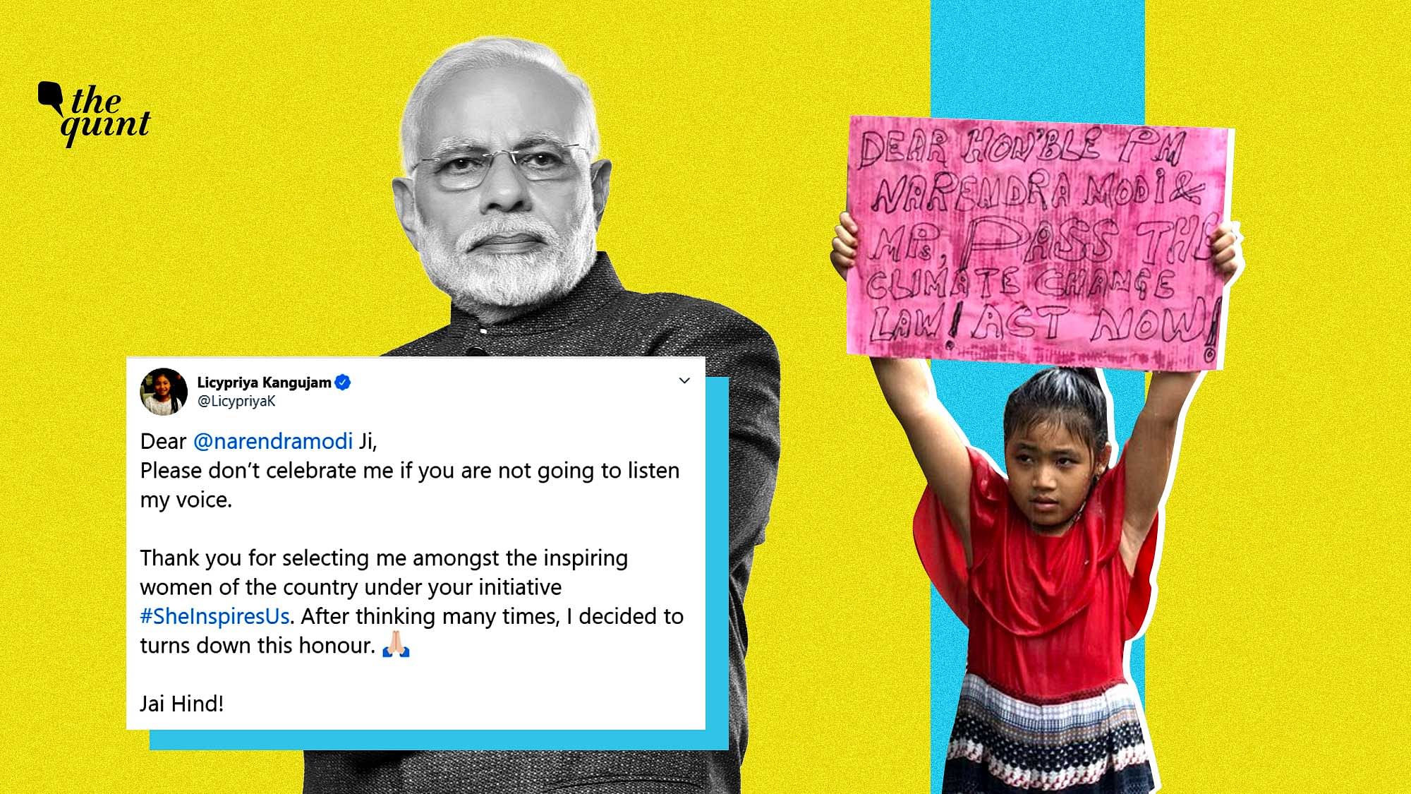 “Please don’t celebrate me if you are not going to listen my voice,” Licypriya Kangujam tweeted in response to a tweet by MyGovIndia and PM Modi’s women’s day campaign.&nbsp;