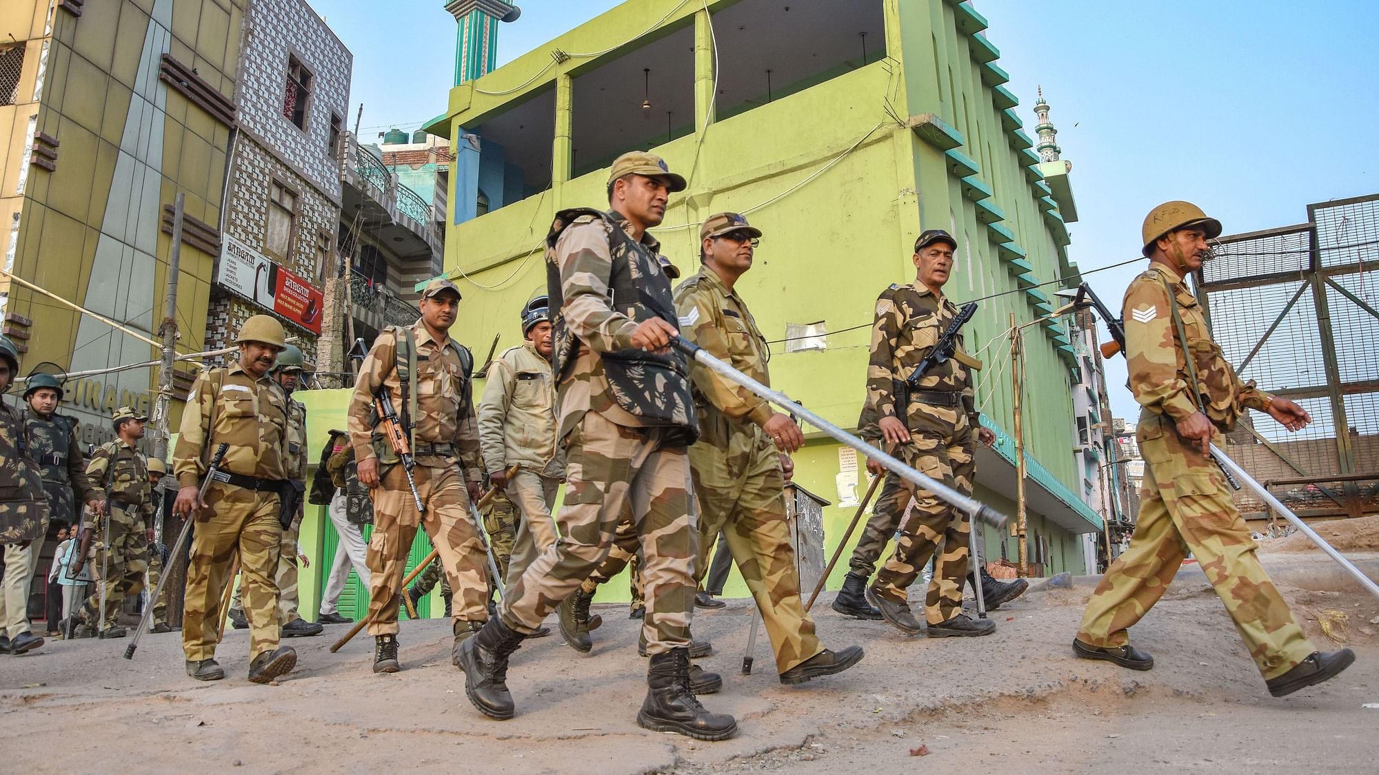 Security personnel patrol at Chand Bagh, one of the riot affected areas, in Northeast Delhi.&nbsp;