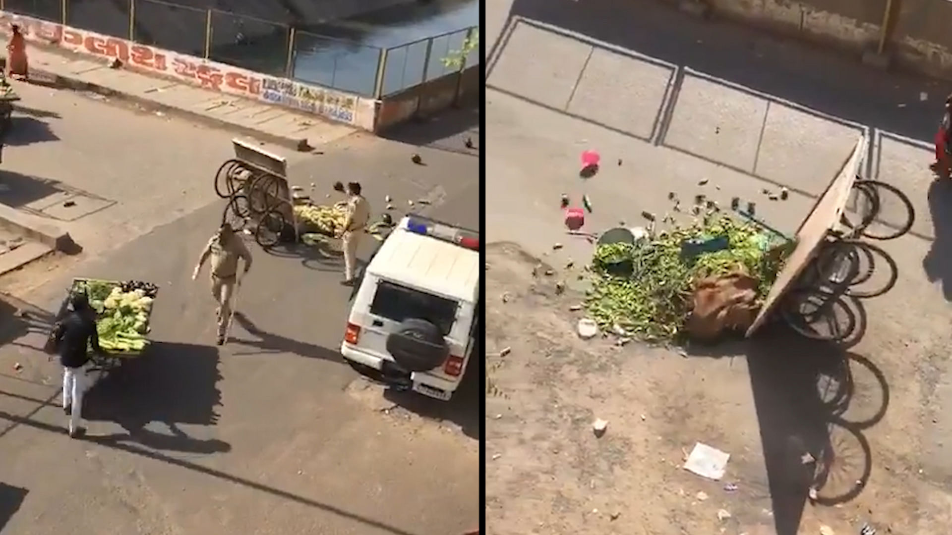 Ahmedabad policemen are seen toppling vegetable carts to enforce lockdown in the city. Police inspector Vishnu Choudhry and other policemen have been suspended by DGP Gujarat.