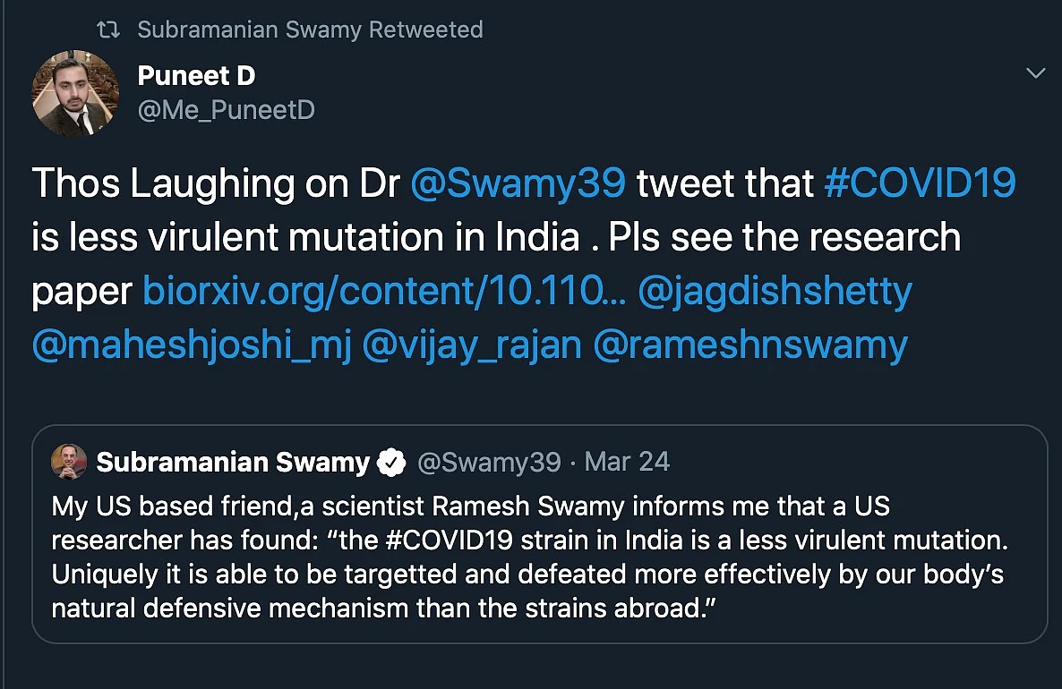 COVID-19 Strain Less Virulent in India? Experts Deny Swamy’s Claim
