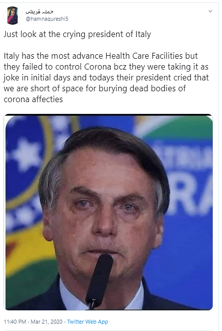 The image is of Brazilian President Jair Bolsonaro who broke down at a thanksgiving service in December 2019.