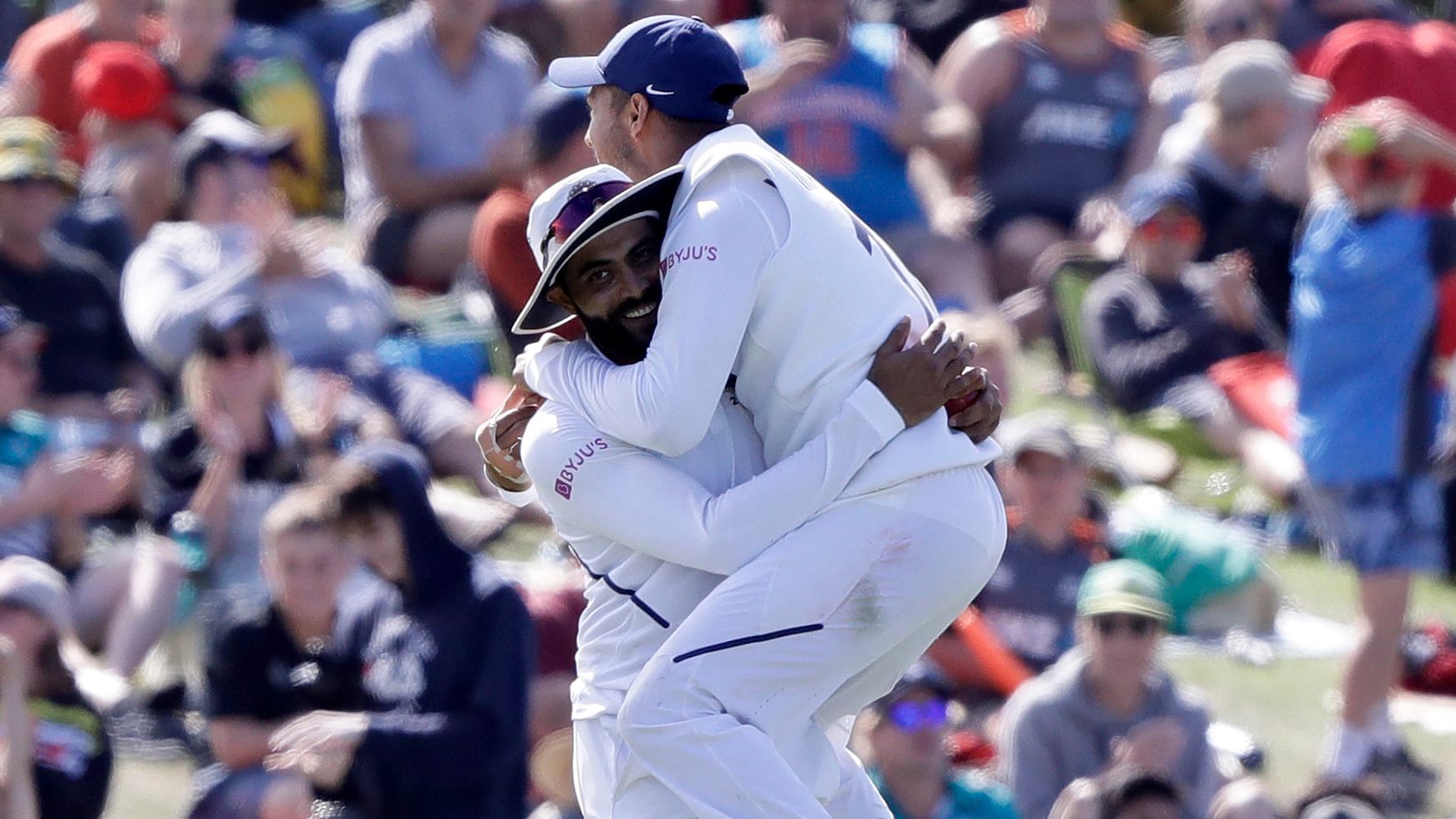 Ravindra Jadeja celebrates after taking Neil Wagner’s catch at the boundary on Day 2 of the second Test in Christchurch.