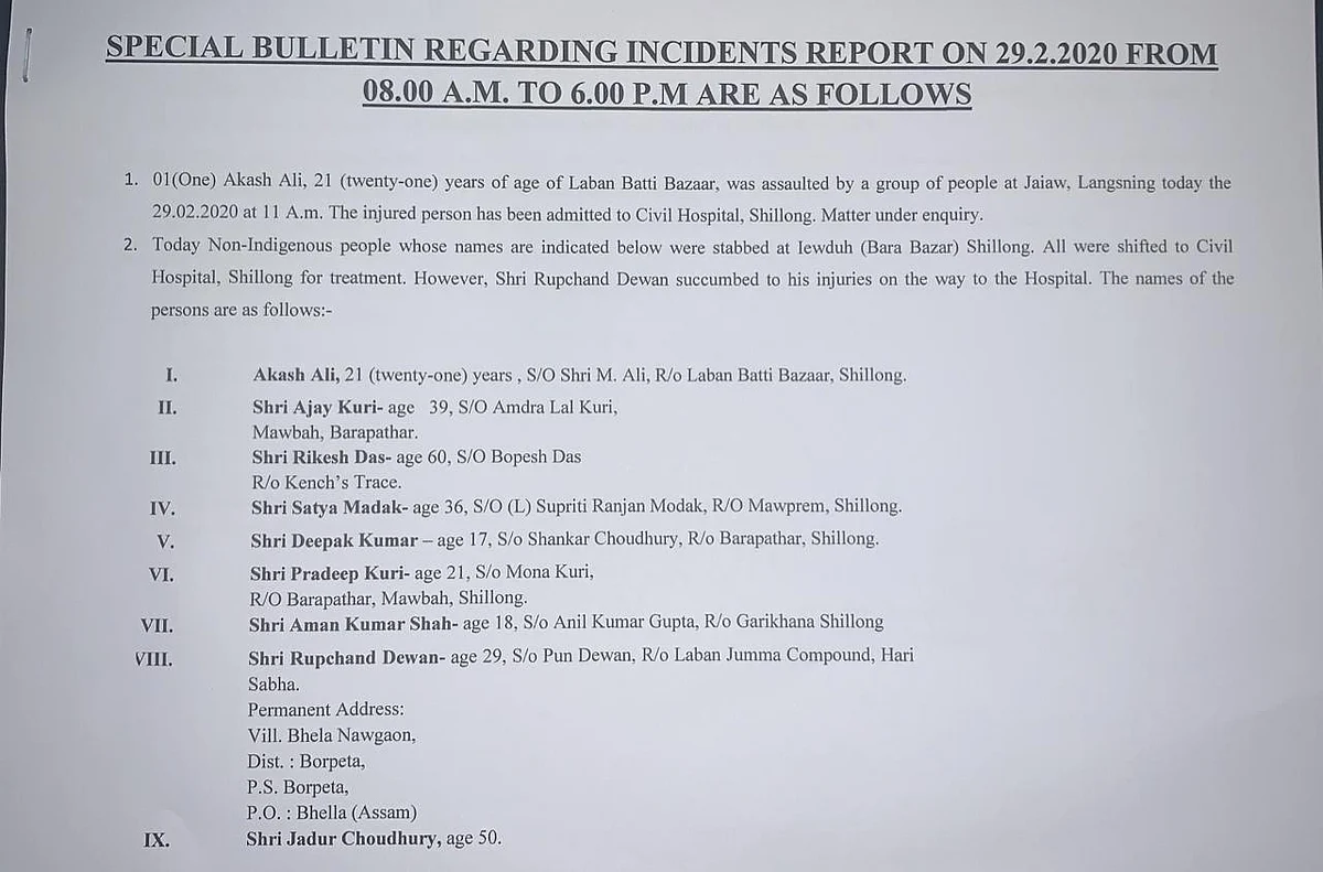 Press release of special bulletin regarding the violence in Shillong and Jaiaw, Langsning. 