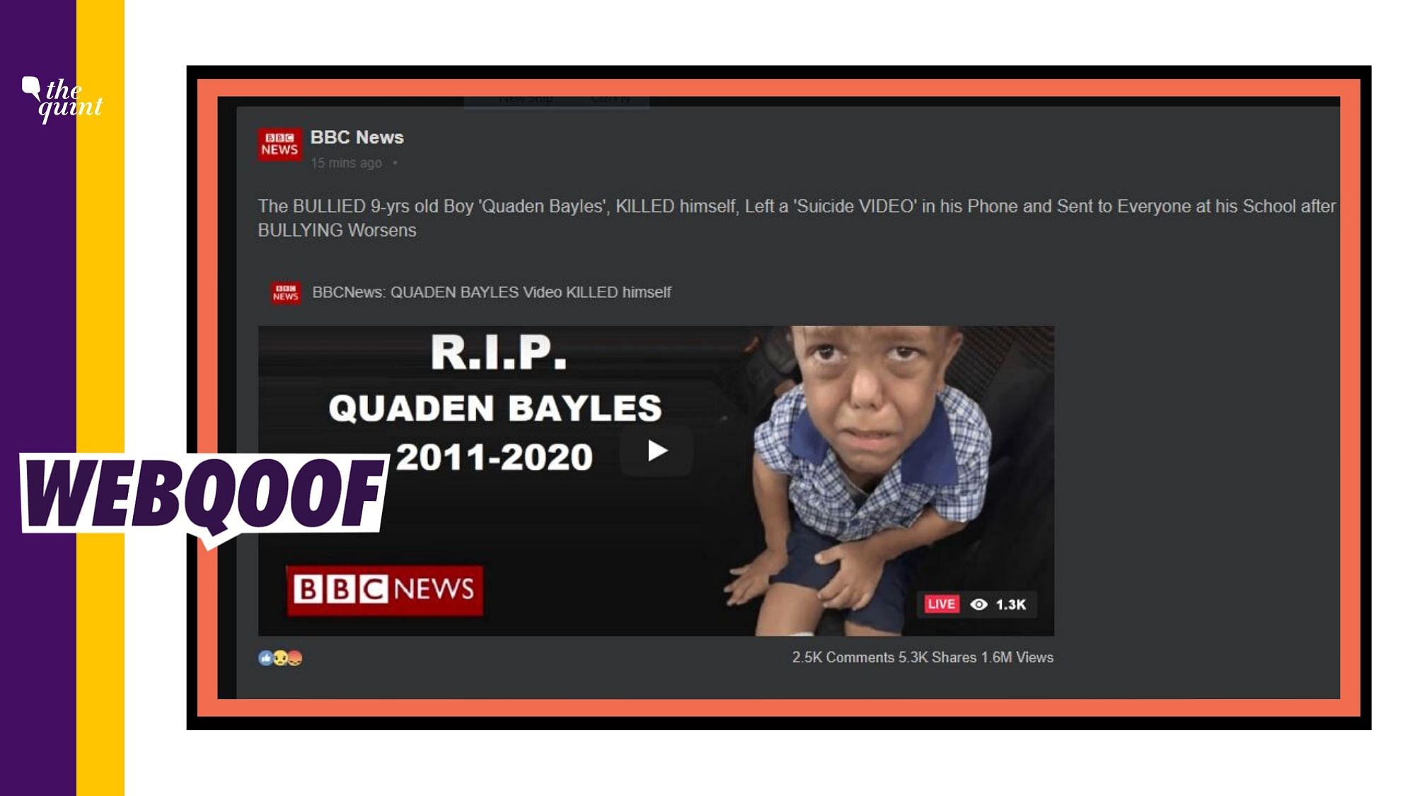 A purported video ‘from BBC’ claims that bullied boy Quaden Bayles killed self after bullying at school worsened.