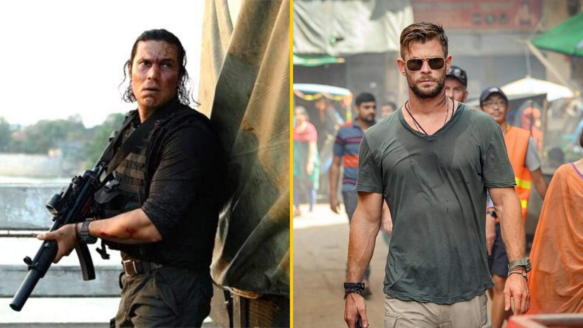 Randeep Hooda and Chris Hemsworth in stills from <i>Extraction</i>.