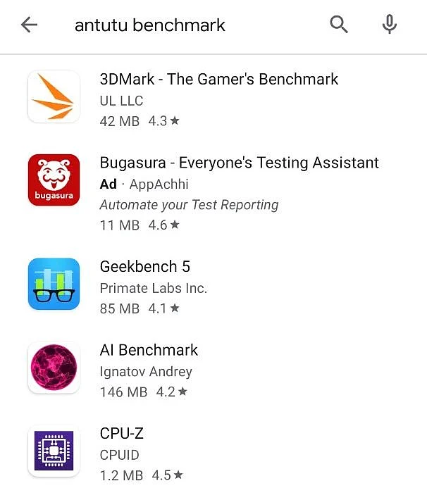 Here are some search results for Antutu benchmark on the Google Play Store.
