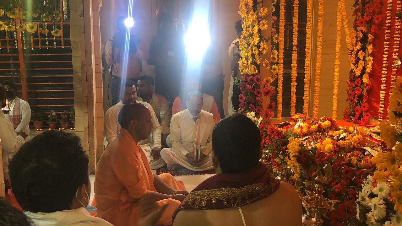 An image from UP CM’s visit to the site where the Ram Temple is to be constructed.