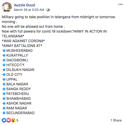 COVID-19: Message on Army Being Deployed in Telangana is False