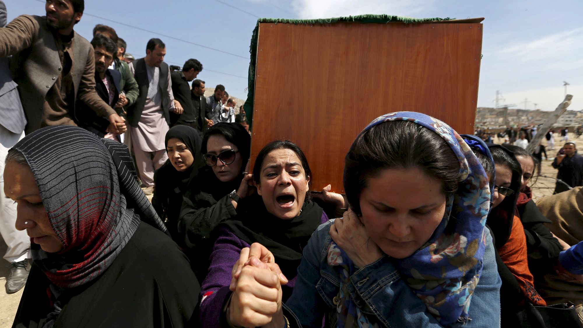 File image of Afghan women’s rights activists carrying the coffin of Farkhunda in Kabul.&nbsp;