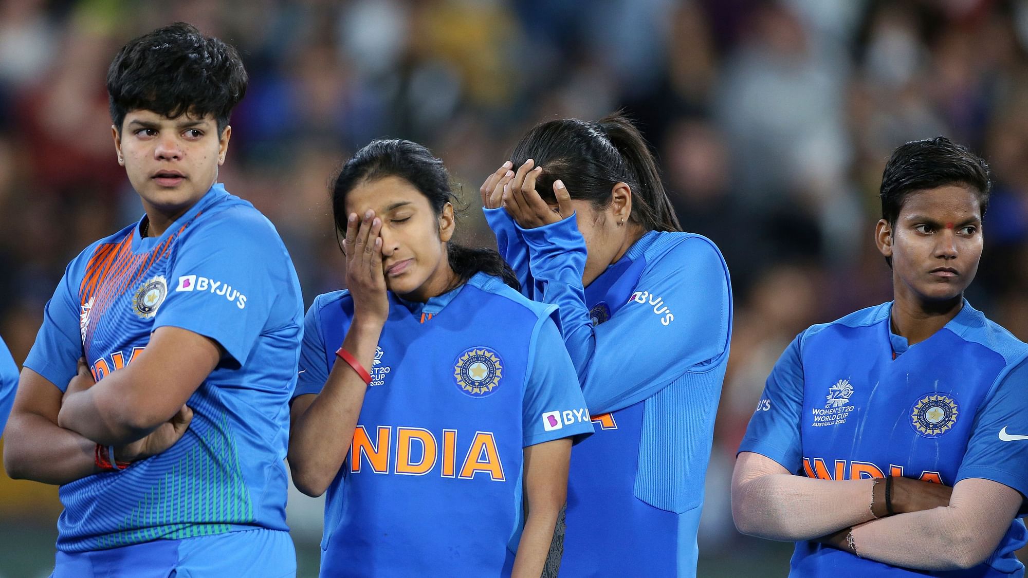 Indian players gather together after their loss to Australia in the Women’s T20 World Cup cricket final match in Melbourne, Sunday.