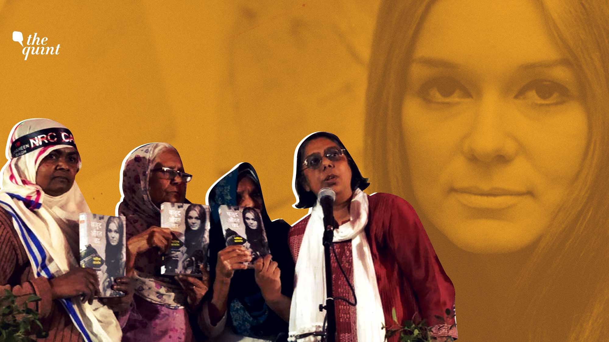 Image of journalist Ruchira Gupta (extreme R) with the ‘Dabang Dadis’ of Shaheen Bagh (on the L) and an image of feminist icon Gloria Steinem in the background.