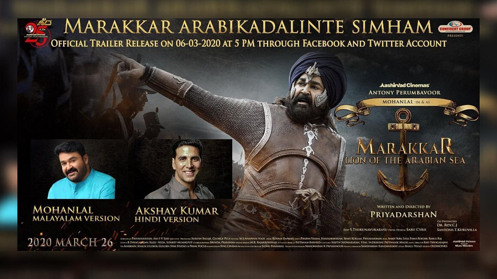 A poster for Mohanlal’s upcoming release  <i>Marakkar: Arabikadalinte Simham</i>.&nbsp;