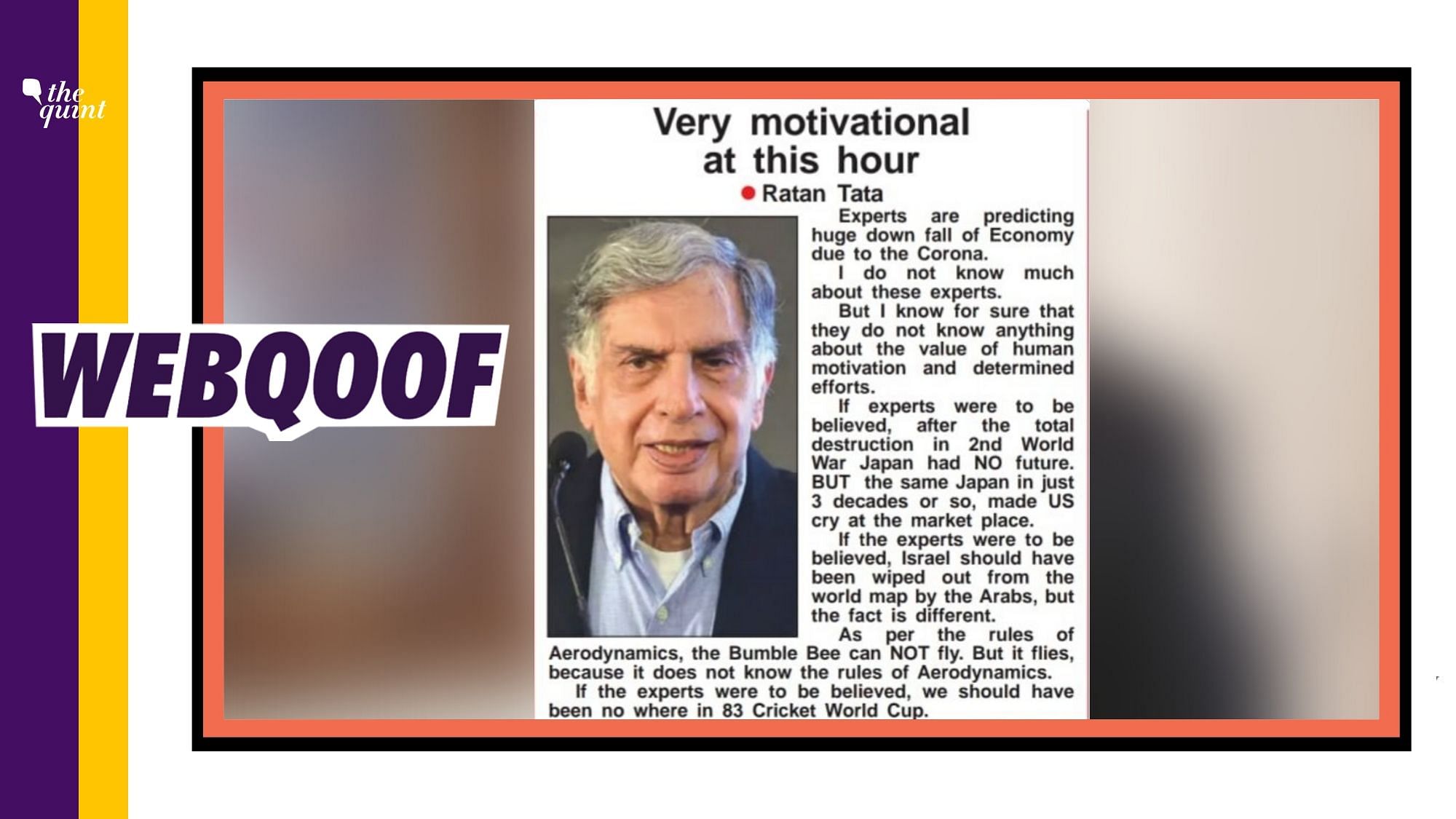 A social media post on the state of Indian economy , attributed to industrialist Ratan Tata has gone viral.