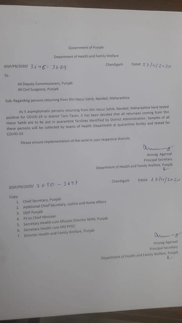 Order by Punjab secretary of health and family welfare