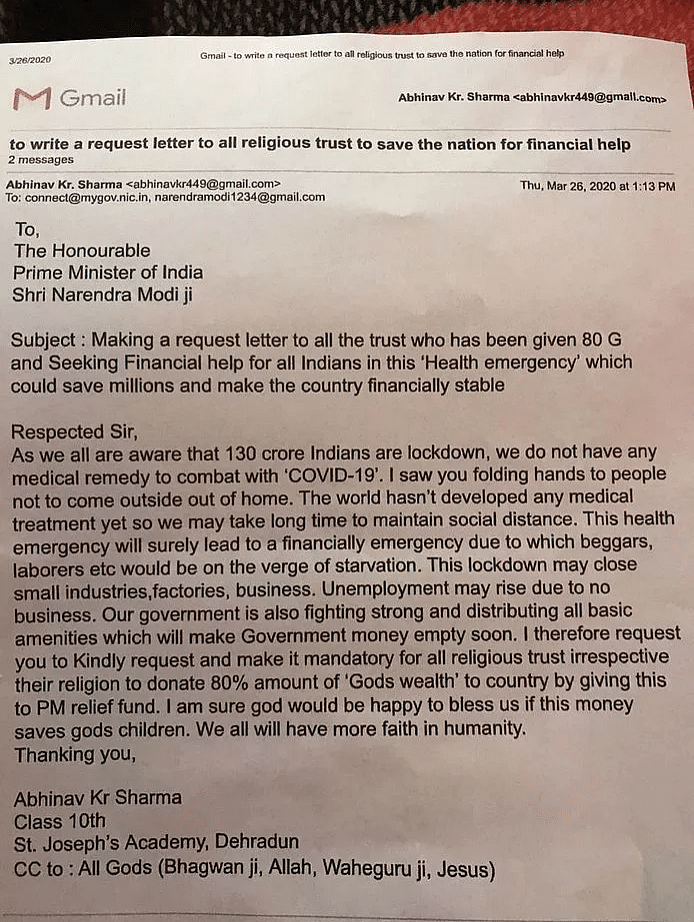 Teenage Boy Abhinav Kumar Asks For Pm Modi To Order Religious Trusts Donate 80 Of God S Wealth To Fight Coronavirus