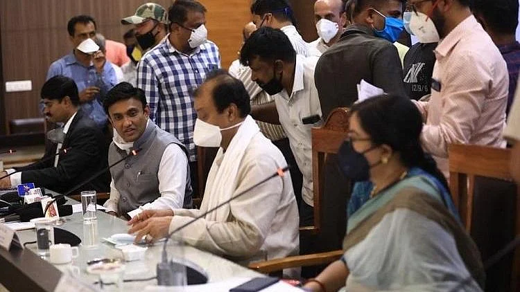 Medical Education Minister Sudhakar in a meeting in Mandya