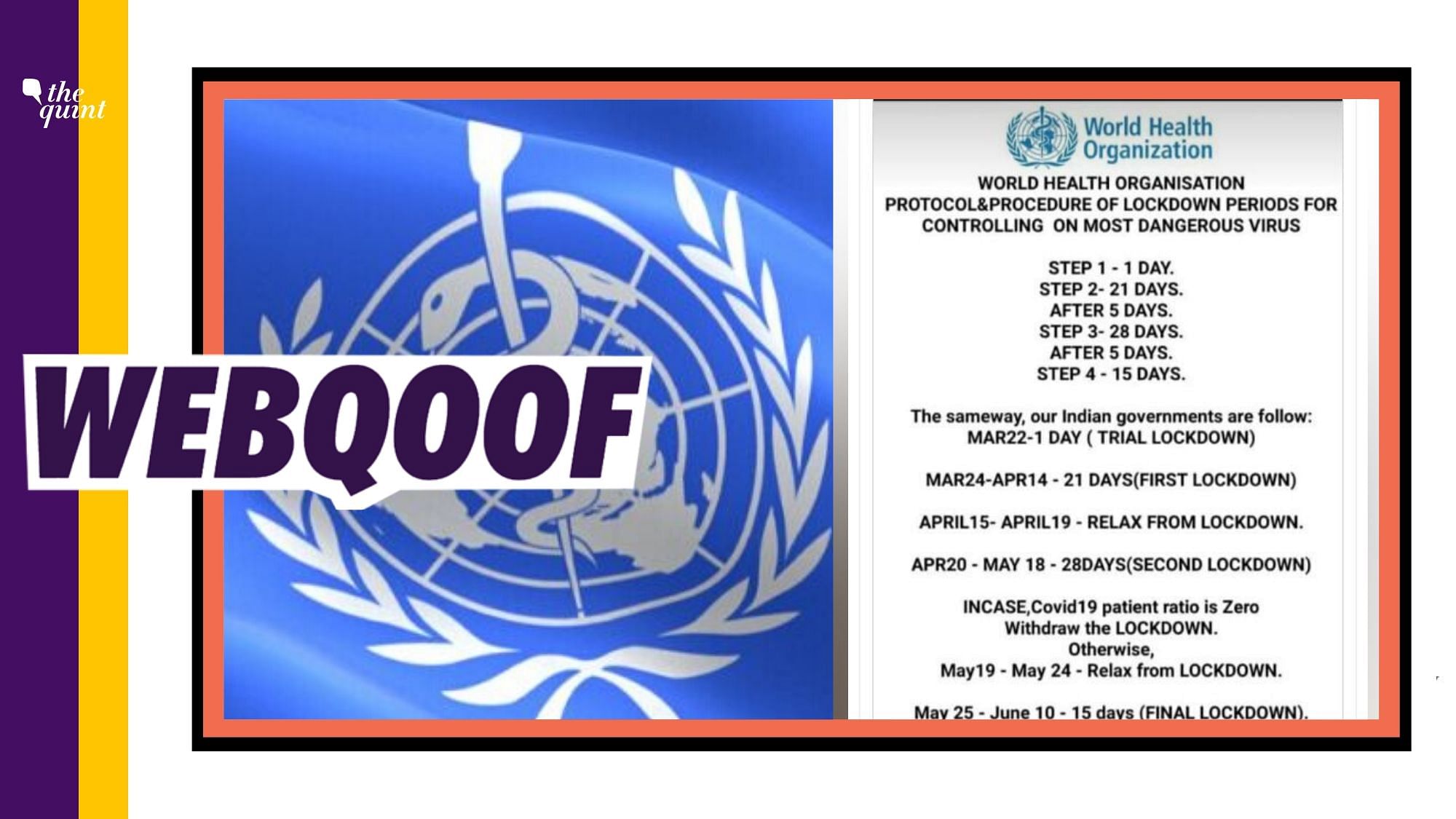 A message attributed to the WHO was shared to claim that the UN body has released an official protocol and procedure of lockdown periods to fight COVID-19.