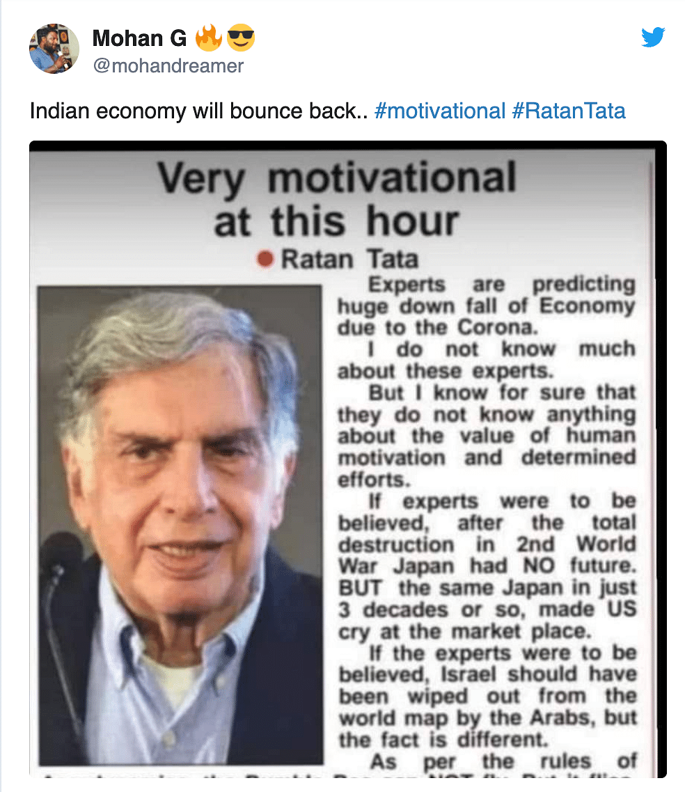 A social media post on the state of Indian economy, attributed to industrialist Ratan Tata, has gone viral.