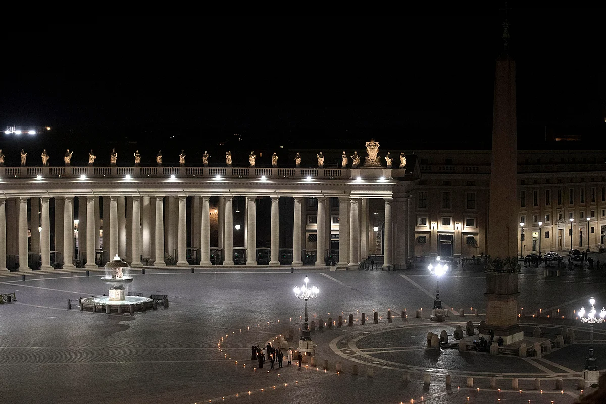 A view of the empty St. Peter’s Square during the Via Crucis – or Way of the Cross – ceremony, following Italy’s ban on gatherings to contain coronavirus contagion, April 10, 2020. 