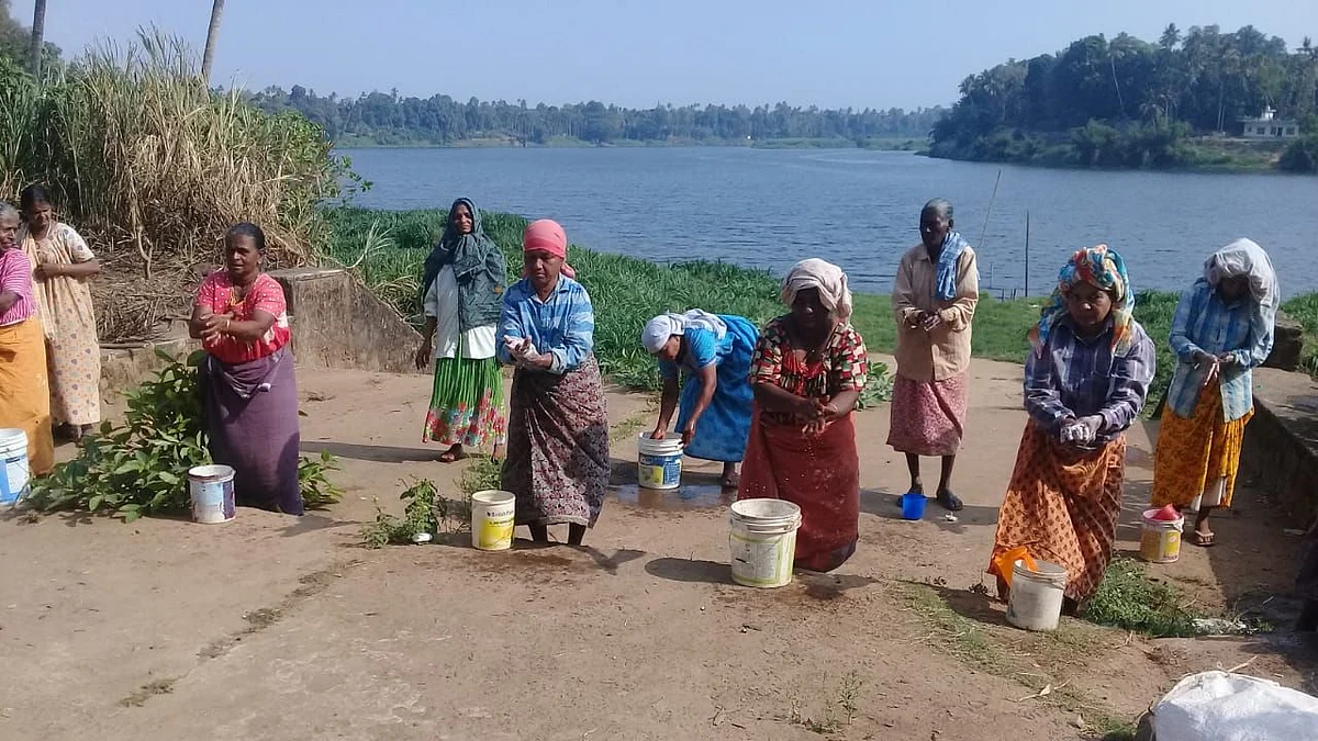 Mahatma Gandhi NREGA workers from Angamaly, Vypin and Mulanthuruthy blocks of Ernakulam districts at work site after taking necessary safety precautions as part of preventing corona.