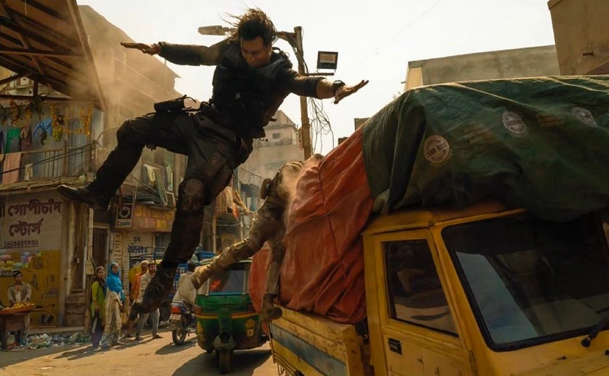 Randeep Hooda mid air while shooting a scene for ‘Extraction’ directed by Sam Hargrave.
