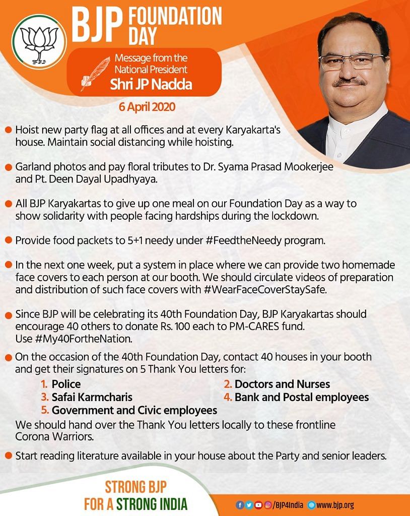 Meanwhile, BJP President JP Nadda issued a set of directives to party workers on BJP’s 40th Foundation Day.