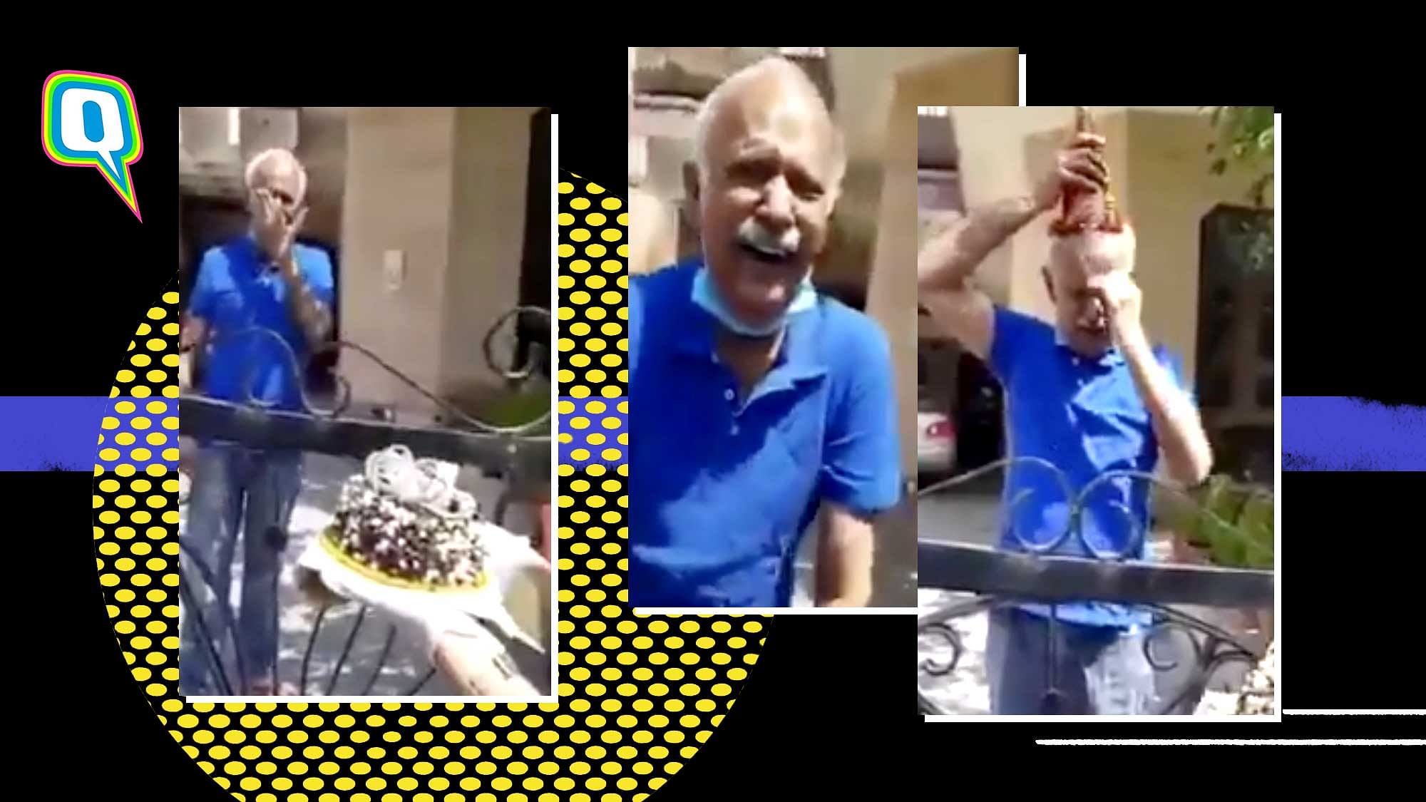 A senior citizen is surprised on his birthday