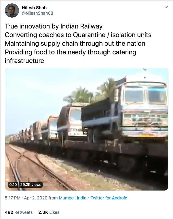 A viral video of a train carrying trucks claims to show how essential goods are being supplied around India.