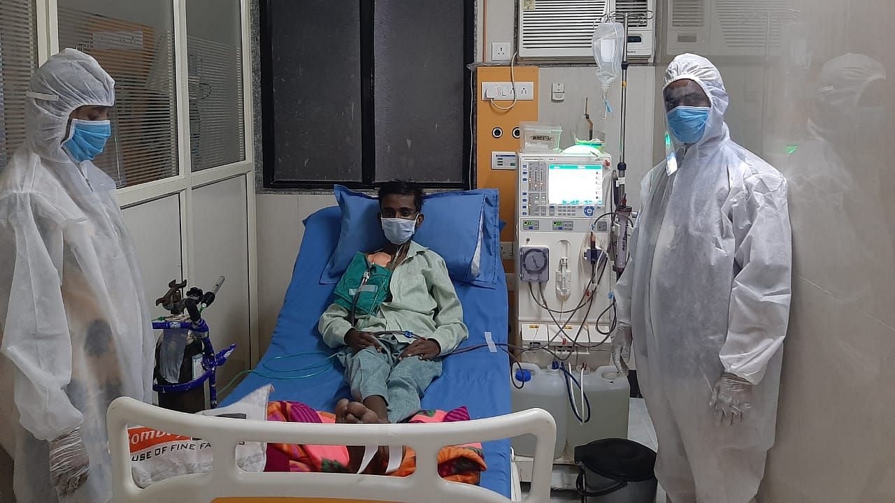 A patient undergoing dialysis at the Bhiwandi Dialysis Centre near Mumbai.