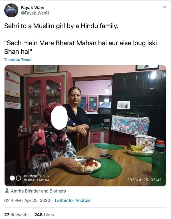 A post claiming that RSS goons attacked a Hindu woman who attempted sehri for a Muslim girl recently has gone viral.