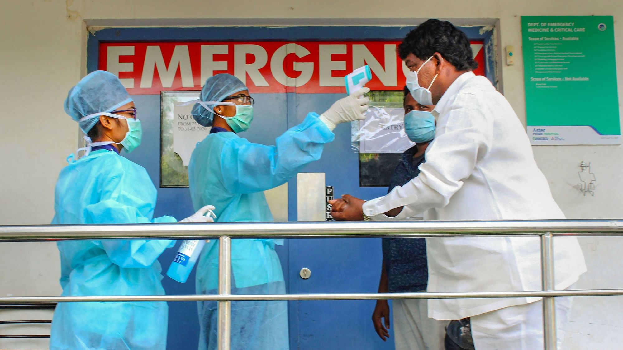 Thermal screening of visitors being conducted outside an emergency ward at a hospital during a nationwide lockdown in the wake of coronavirus pandemic, in Hyderabad, Sunday, 5 April, 2020.&nbsp;
