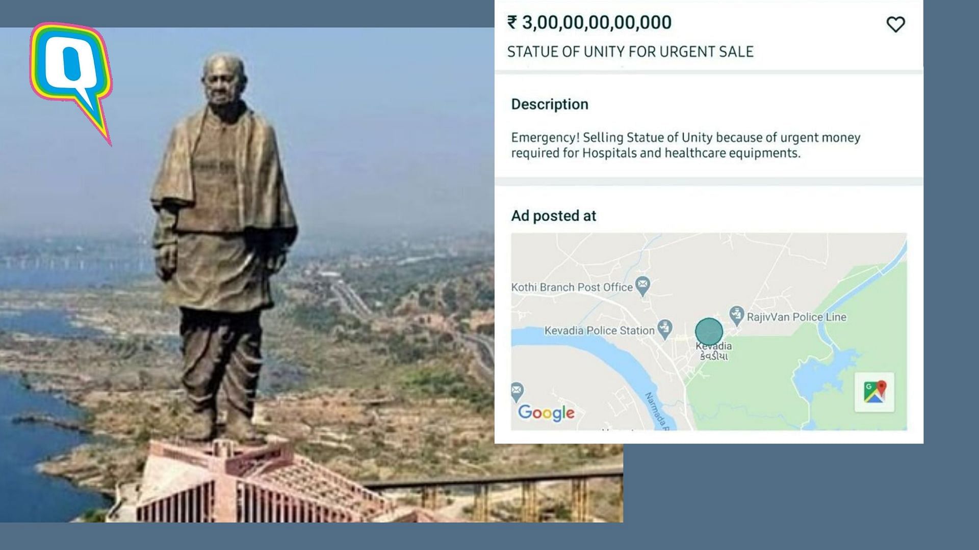 Someone tried to urgently sell the Statue of Unity on OLX for coronavirus outbreak.