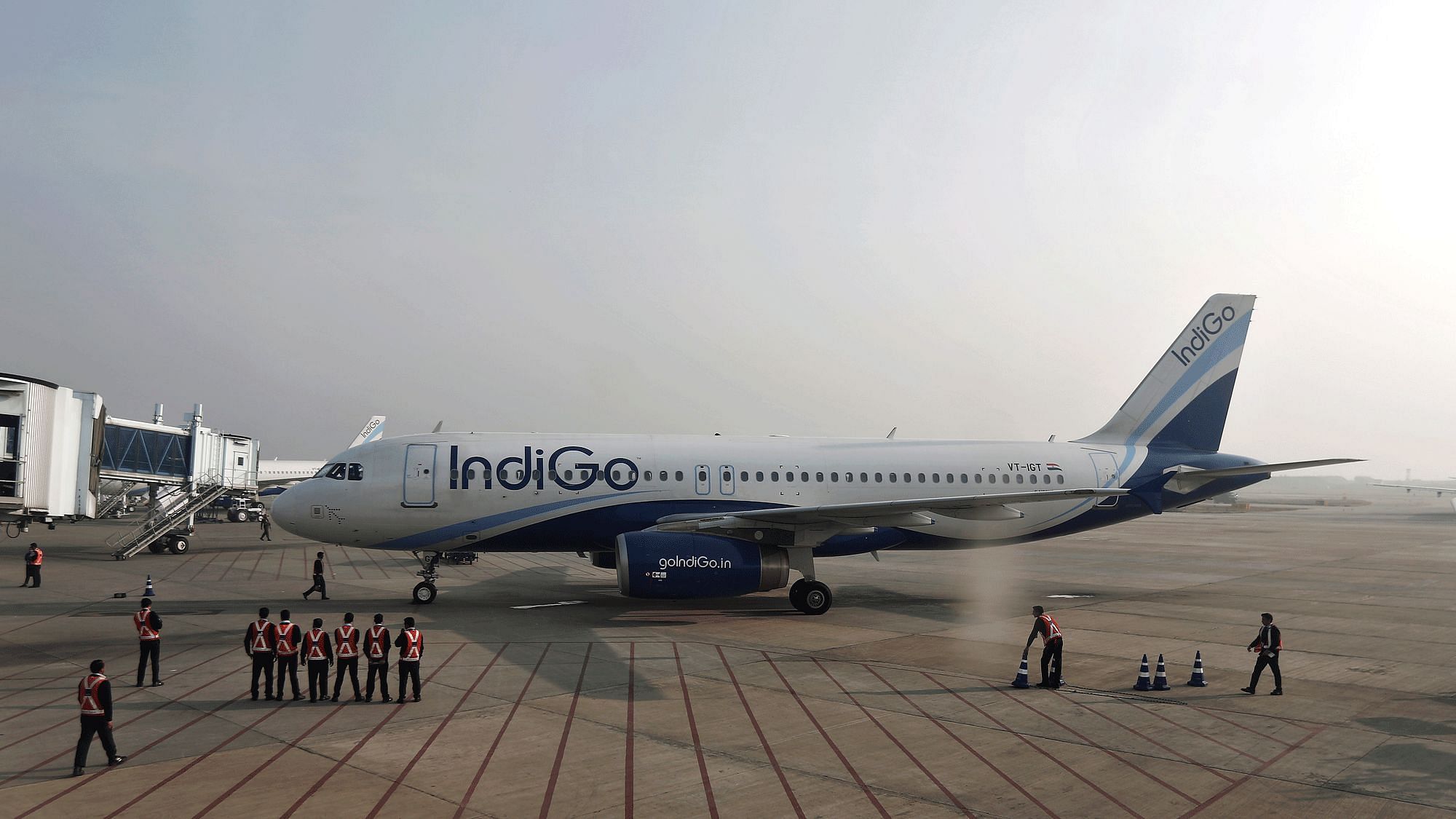Indigo Airlines’ ground staff stand next to an aircraft.&nbsp;