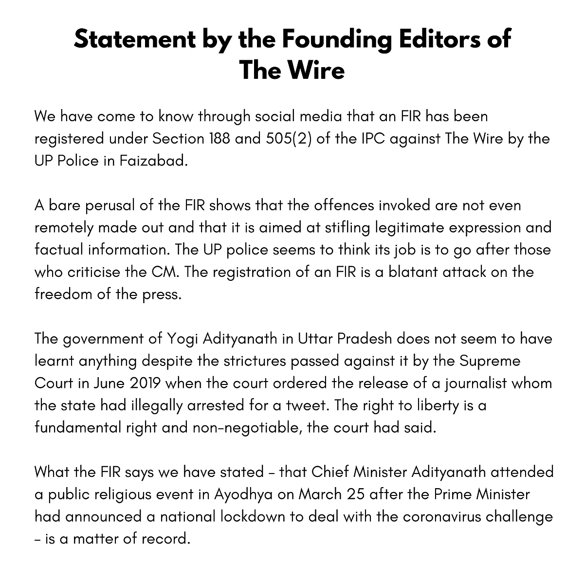 FIR Against The Wire for Story on UP CM, Editors Reply