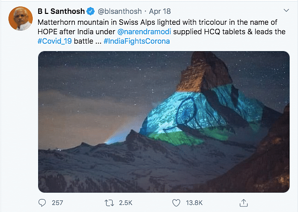 The claim is that Matterhorn mountain  was lighted up with the Indian flag after PM Modi supplied HCQ tablets.