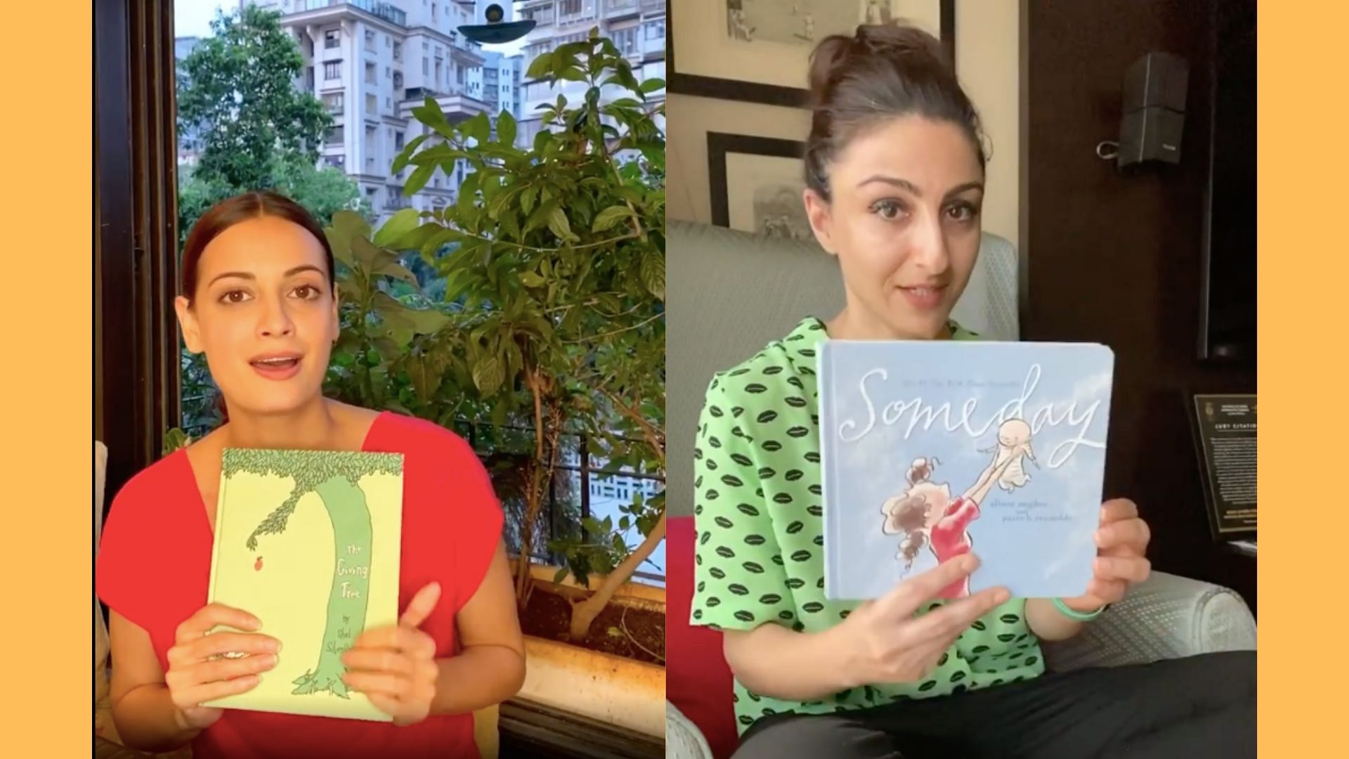 Dia Mirza and Soha Ali Khan holding their favourite books for children.